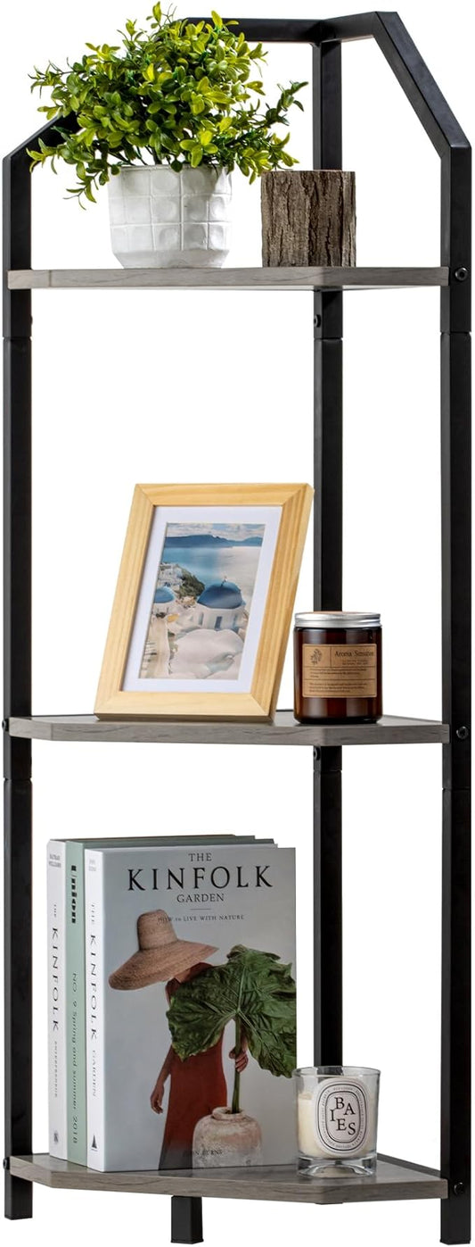 Fun Memories 3 Tier Corner Shelf, 40” Corner Shelf Stand, Corner Bookshelf Plant Stand, Storage Shelf for Bathroom, Living Room, Kitchen,Grey Home Office, Grey
