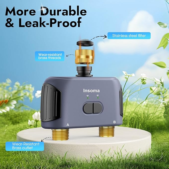 2 Zones WiFi Water Timer Brass Inlet and Outlet, Sprinkler Timer for Garden Hose, APP Remote Control WiFi Hose Timers with Gateway, Voice Control with Alexa, Rain Delay and Manual Mode for Watering