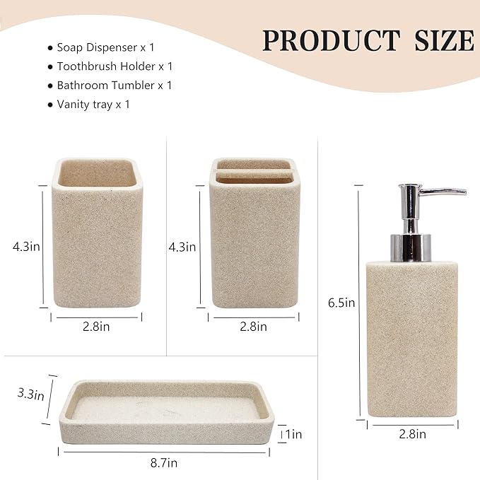 Bathroom Accessories Set, 4 Pcs Bathroom Accessory Set, Soap Dispenser, Toothbrush Holder, Qtip Holder Set, Bathroom Sets Complete, Bathroom Sink Set for Modern Home, Beige