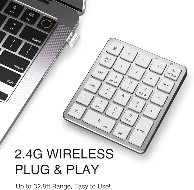 PINKCAT Wireless Number Pad, 28 Keys Numeric Keypad with 2.4G Mini USB Receiver, Portable Number Numpad Financial Accounting for Laptop, PC, Notebook, Desktop, Surface Pro - Silver