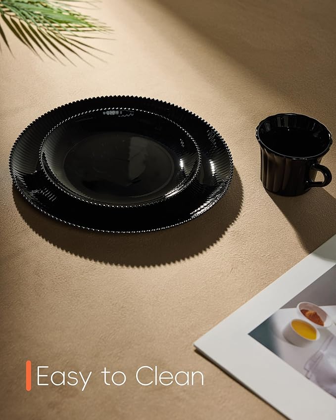 10.5 inch Ribbed Dinner Plate Set of 6, Round Opal Glass Black Dinnerware Plates, Dishwasher and Microwave Safe