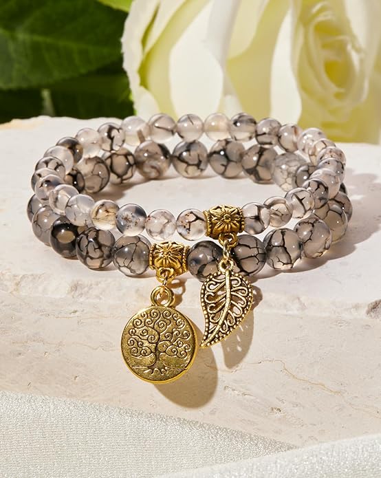 Bivei Natural Semi Precious Gemstone beads bracelet for women - Life Tree and Leaf Charm Energy Reiki Crystal Stretch Bracelets
