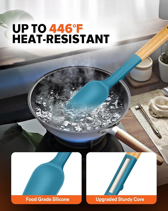 Silicone Spatula Spoon Set, Great for Mixing, Folding, Scraping, and Spreading, Sturdy BPA-Free Matte Silicone, Wooden Handle Rubber Spoonula for Nonstick Cookwares,4 Pack (BLUE)