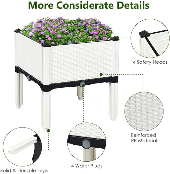S AFSTAR Raised Garden Bed Kit Set of 4, Elevated Planter Boxes with Self-Watering Design & Removable Legs, Outdoor Plastic Planter Box for Patio Yard Balcony Gardening, Rattan Pattern (White)