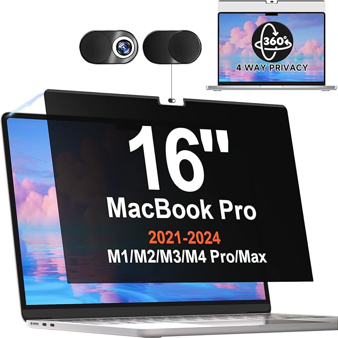 Magnetic 360° Privacy Screen for MacBook Pro 16 Inch (2021-2025, M1, M2, M3, M4, Pro, Max), Removable Anti Glare Blue Light Filter, 4 Way Anti Spy Black Protector for Mac Pro 16In Laptop Computer