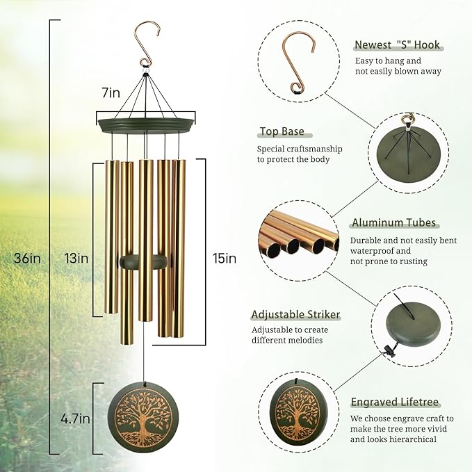 Memorial Wind Chimes for Outdoor & Gifts – Engraved Tree of Life, 36” Durable Metal Chimes with Soothing Melodies, Waterproof & Customizable Tones