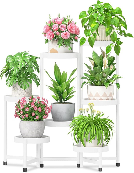 iDavosic.ly 7 Tier Folding Plant Stand Indoor Outdoor with Plastic Tray, Tiered Corner Flower Holder Shelf, Metal Orchid Display Rack for Patio Porch Living Room Garden Balcony, White
