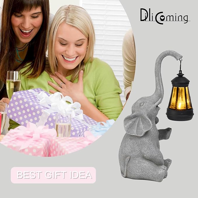 DiliComing Elephant Resin Sculpture - 12 Inch Solar-Powered Outdoor Garden Decor, Housewarming & Birthday Gift for Women, UV-Resistant Coating - Elephant Statue