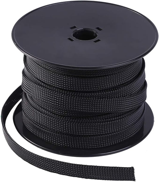 Keco 100ft – 1/2 inch PET Expandable Braided Cable Sleeve – Wire Sleeving for Audio Video and Other Home Device Cable Automotive Wire - Black