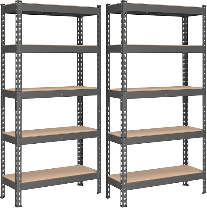 SONGMICS 5-Tier Storage Shelves, Load 2310 lb, Set of 2 Garage Storage, Boltless Assembly, Adjustable Shelving Unit, 11.8 x 29.5 x 59.1 Inches, for Study Shed Basement, Gray UGLR300G02
