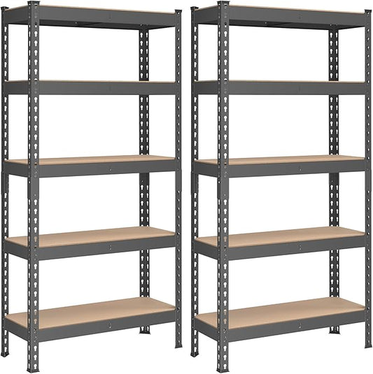 SONGMICS 5-Tier Storage Shelves, Load 2310 lb, Set of 2 Garage Storage, Boltless Assembly, Adjustable Shelving Unit, 11.8 x 29.5 x 59.1 Inches, for Study Shed Basement, Gray UGLR300G02