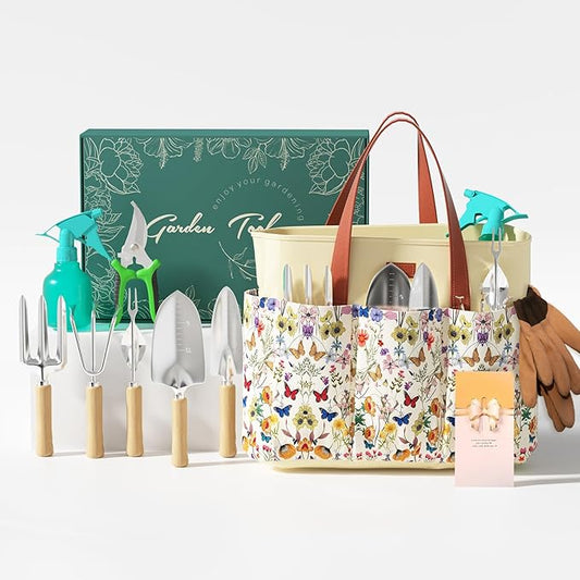 VerdantVibes 9-Piece Garden Tool Set - Heavy Duty Gardening Hand Tools with Ergonomic Non-Slip Grips, Rust-Resistant Shovel, Trowel, Rake, Pruner & Storage Bag - Ideal Gardening Gifts for Women