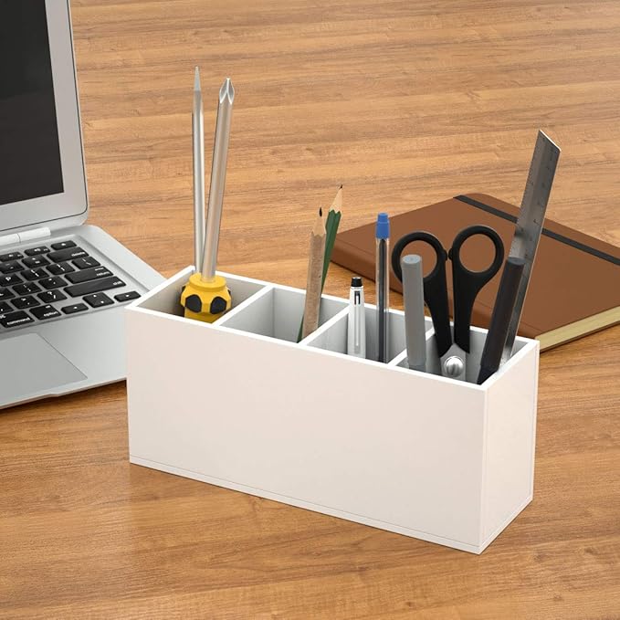 NIUBEE Acrylic Pen Holder 4 Compartments, White Pencil Organizer Cup for Countertop Desk Accessory Storage (White)