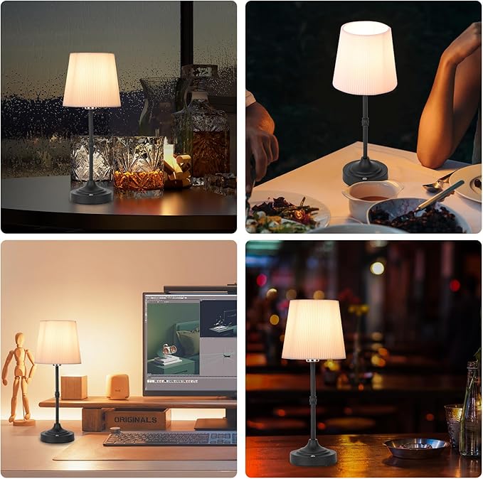 Cordless Rechargeable Table Lamp 5200mAh - Stepless Dimming & 3-Color Temperature, Touch Control Bedside Lamp with Fabric Shade for Bedroom, Patio, Camping, Balcony (Black)