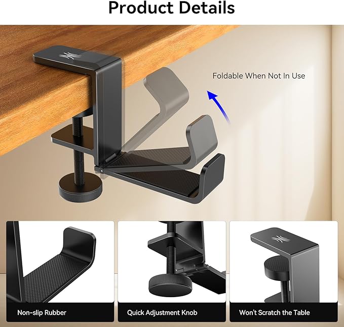 OneOdio MTL99 Foldable Headphone Stand, Metal Headset Holder Space-Saving Table Hook, Clamp-on Under Desk Hanger, Universal Fit Gaming Headphones Mount, Black