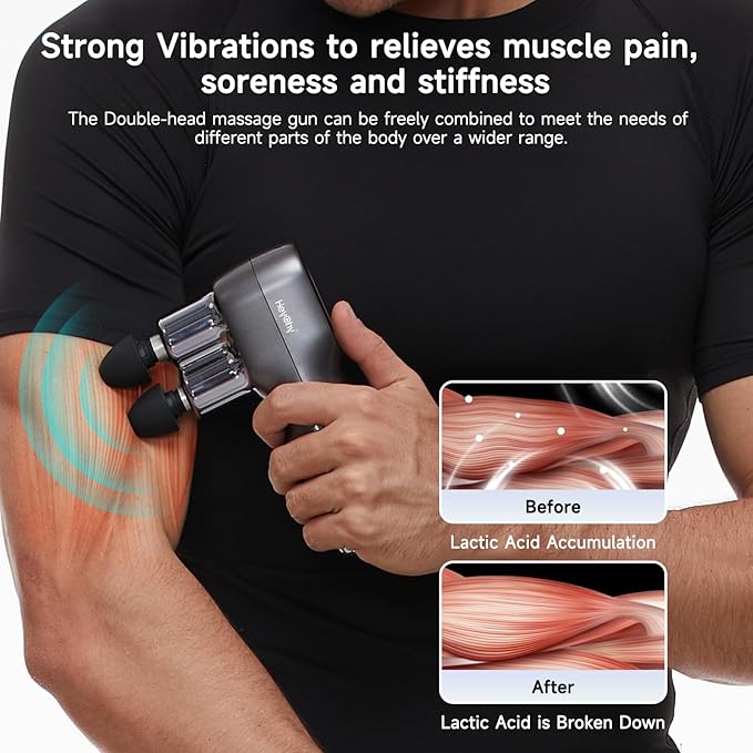 Massage Gun, Deep Tissue Percussion Mini Massage Gun with Double-Head, Portable Handheld Massager for Athletes, Ideal for Relaxation and Relieving of Soreness and Stiffness