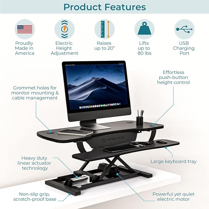 VERSADESK® PowerPro™ 40” x 24” Standing Desk Converter | 40 inch Electric Height Adjustable Sit to Stand Desk Riser w/ Keyboard Tray & USB Hub - Ergonomic Workstation for Home & Office, Black