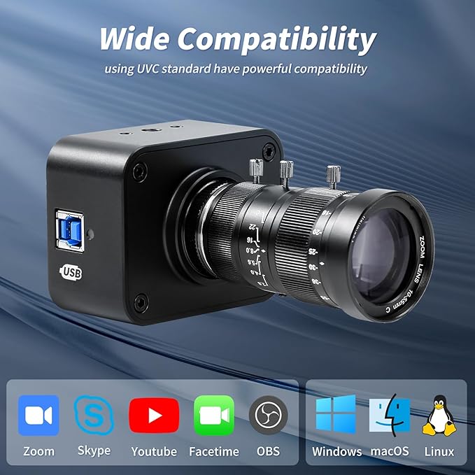 MOKOSE USB Camera 4K, USB3.0 Manual Focus Webcam with C-Mount 10-55mm Telephoto Zoom Lens, IMX678 1/1.8" 8MP Sensor Support YUY2,Web Camera for Desktop Computer Laptop