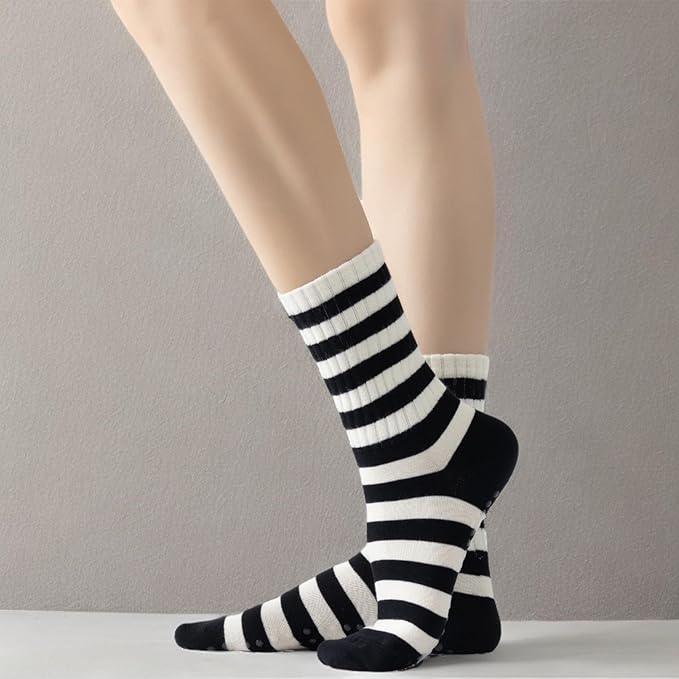 Yoga Pilates Socks with Grips for Women Non Slip Striped Cushioned Crew Socks for Barre Ballet Dance
