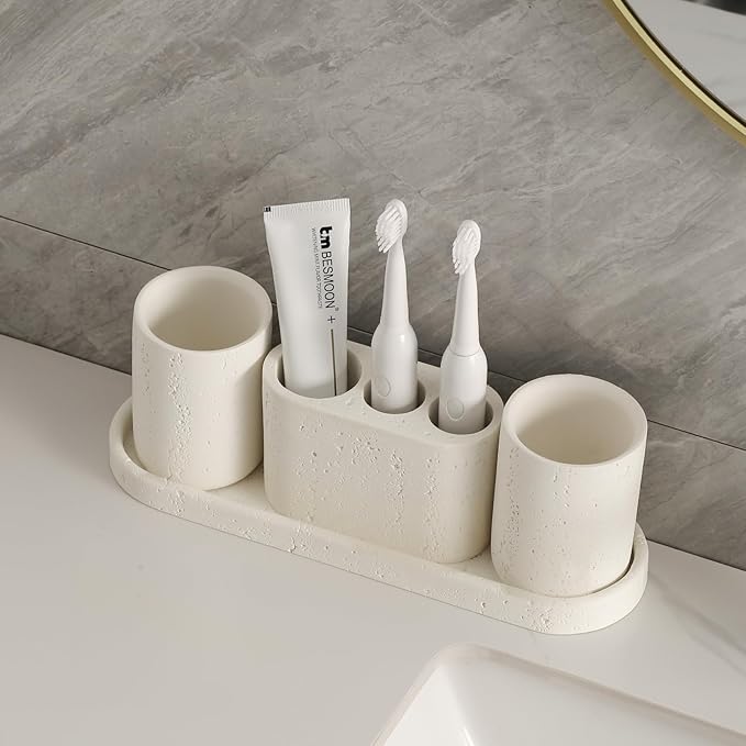 Bathroom Accessories Set, 4 pcs Toothbrush Holders Set Included 3 Slots Electric Toothbrush and Toothpaste Holder Stand, 2 Tumblers & Tray for Bathroom Countertop Sink Modern Decor (White)