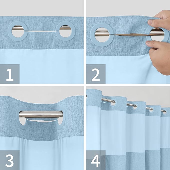 Extra Long No Hooks Needed Linen Textured Shower Curtain with Snap-in Fabric Liner Set,White Hotel Luxury Decor Shower Curtains for Bathroom,Waterproof & Washable,71Wx86H,Fog Blue