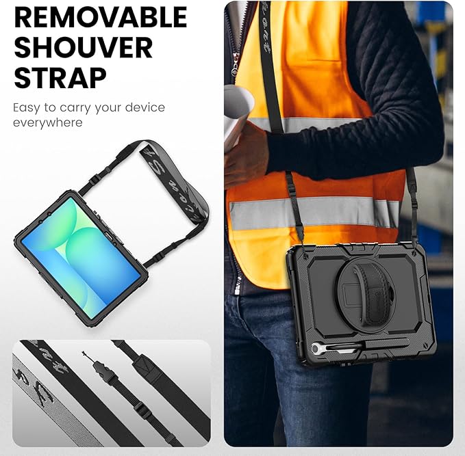 Timecity Case for Samsung Galaxy Tab S10 FE/ S9 FE 5G 10.9 Inch/ S9 11 Inch - Heavy Duty Protective Cover with Screen Protector, Rotating Stand, Shoulder Strap & S Pen Holder | Kids-Friendly, Black