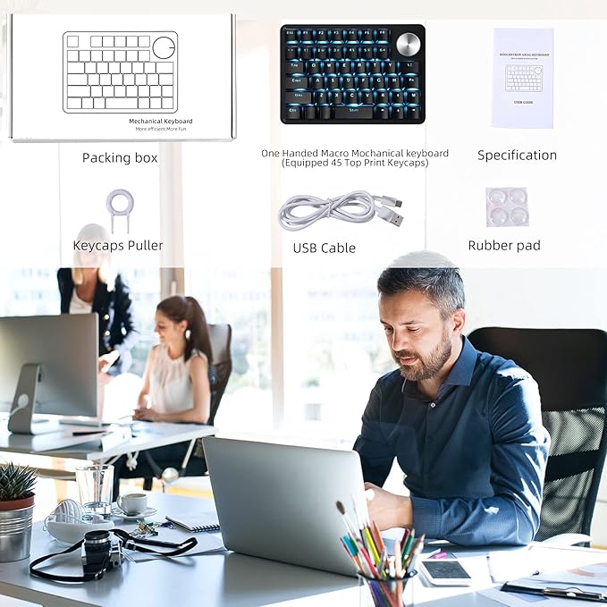 Koolertron One Handed Mechanical Gaming Keyboard with 24 Macro Keys, 45-Key Fully Programmable Mini Keypad, Blue Backlit/Red Switches for Windows PC Gamers