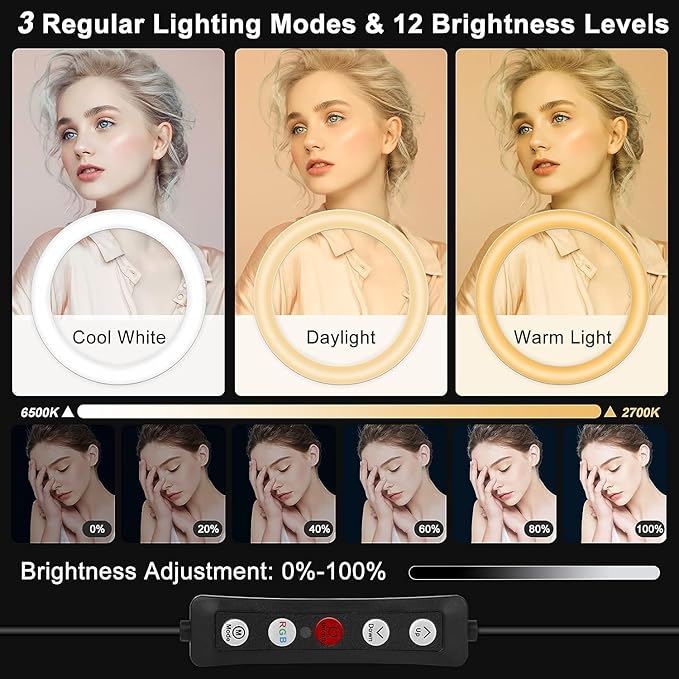 10.3" Selfie Ring Light with Stand and Phone Holder, Desk Tripod, 29 RGB Lighting Modes, Remote for iPhone &Android Camera. LED Halo Light for Photo, Video Recording, TikTok. Circle Ringlight Dimmable