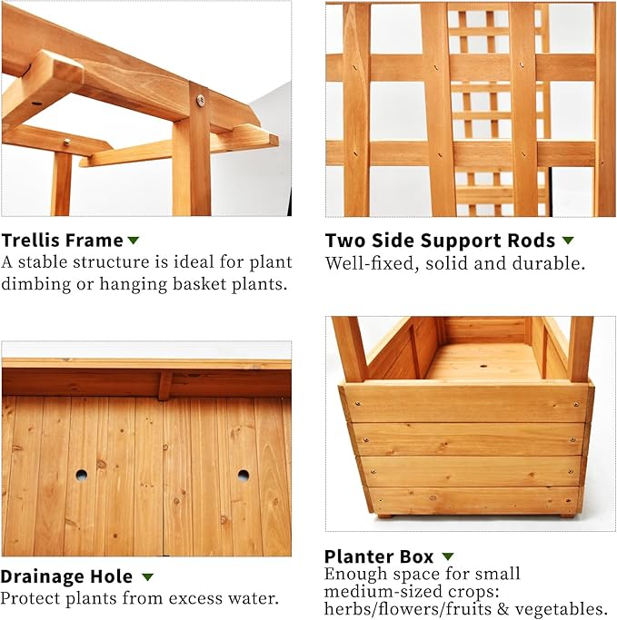 Raised Garden Bed Wooden Patio Planter with Trellis Outdoor Climbing Cucumber Box Pots Tomato Flower Vegetable Herb Porch, Tall Hanging Roof, Orange, 42.5" L x 17.3" W x 66.1" H