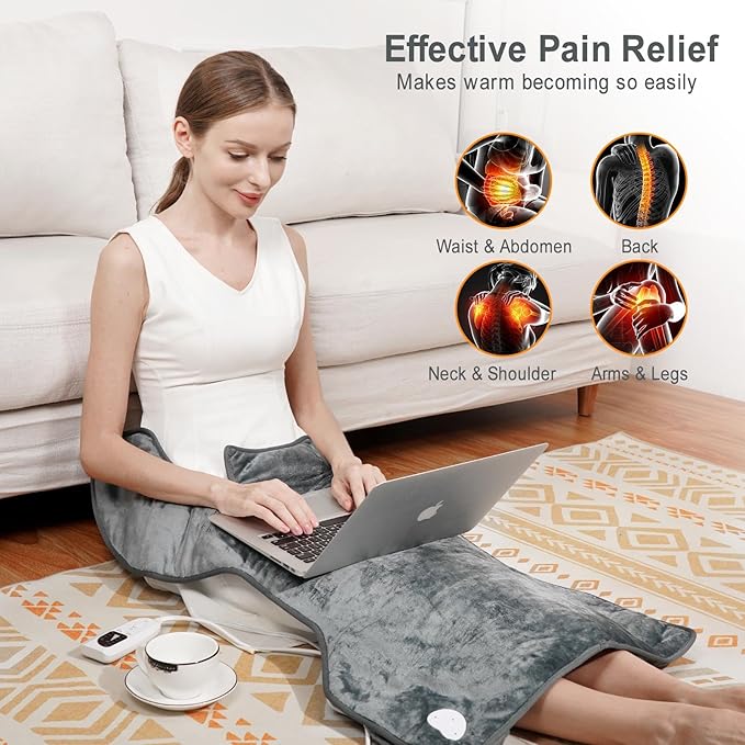 Fast Heating Electric Heating Pad for Neck and Shoulder and Back with 6 Heating Settings & 4 Timer, Large Size Heated Wrap with Auto Shut Off & Machine Washable (Dark Gray, 37x24inch)
