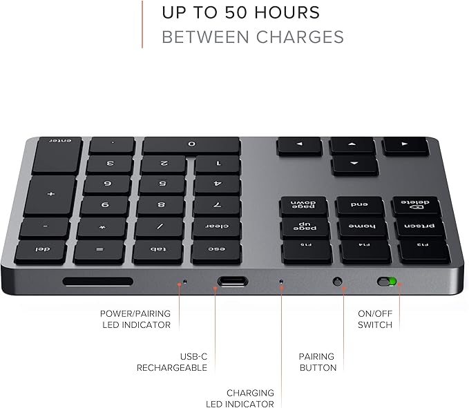 Satechi Bluetooth Extended Numeric Keypad, Slim Rechargeable 34-Key Numberpad, for MacBook Air/Pro M4, iPad Air/Pro M4/M3, iPad mini, Mac mini, iMac - Space Gray