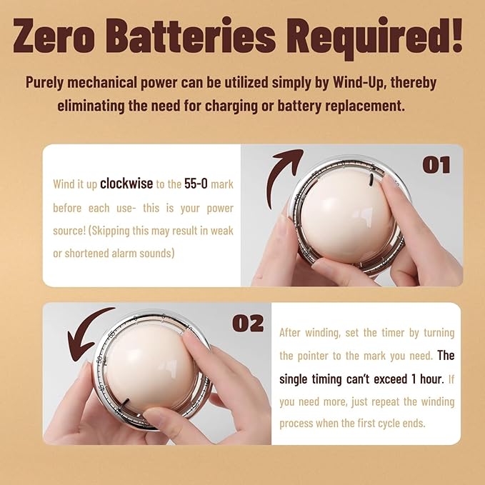 Planet-Shaped Mechanical Timer | No Batteries Needed | 59-Minute Countdown | Magnetic Base | Multi-Purpose Kitchen, Study & Classroom Timer (White)