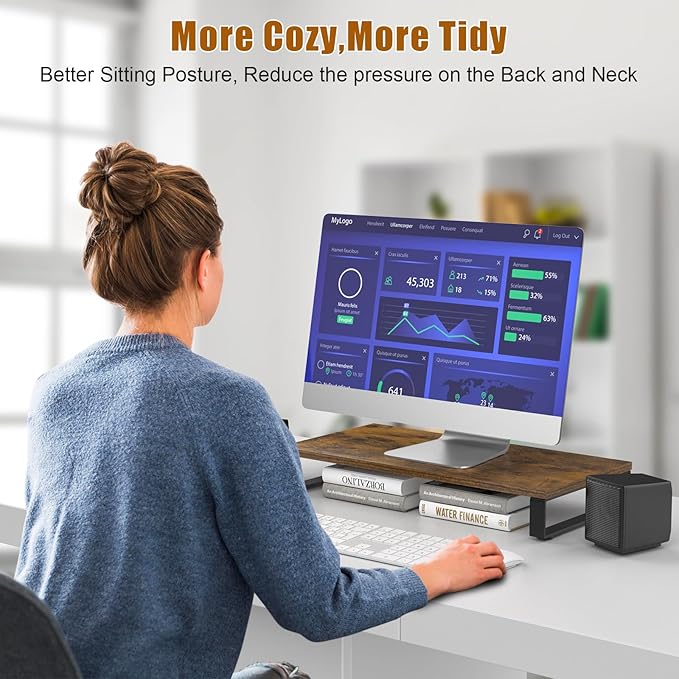 XINYAO Monitor Stand for Desk, Wood & Steel Computer Stand Riser with Storage Organizer for Office Laptop, PC, Printer 24x12 inch