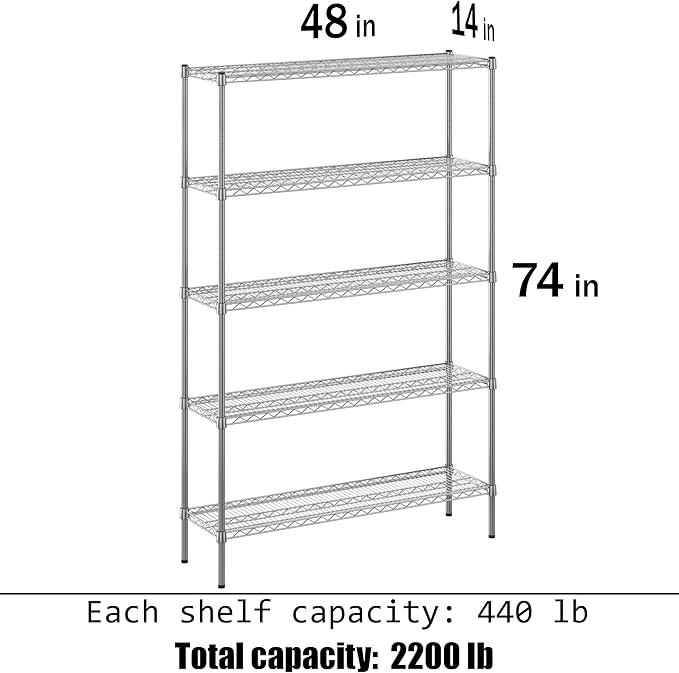 14" Deep x 48" Wide x 74" Height Wire Shelving Kit | 5-Tier | NSF Commercial Storage Rack Unit