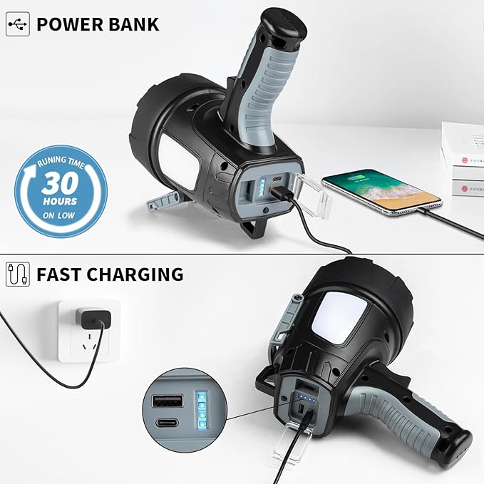 Rechargeable Spotlight Flashlight, 99,000 Lumen Super Bright Led Spotlight with 6 Modes & Foldable Tripod, Powerful Spot Light 30H Long Runtime, Handheld Spot Light for Outdoor Boating Hµnting