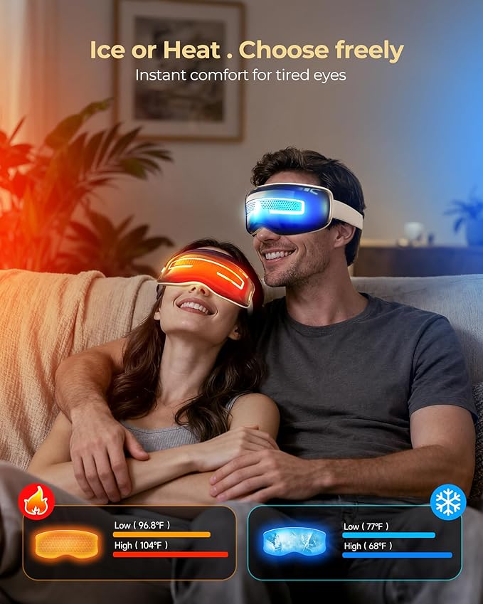 Eye Massager with Heat and Cooling, Integrated Smart Sleep Mask with Nose Rest and Soft Silicone Massage head, 4 Massage Modes for Migraines, Dry Eye, Dark Circles,Bluetooth Music, Gift for Men Women