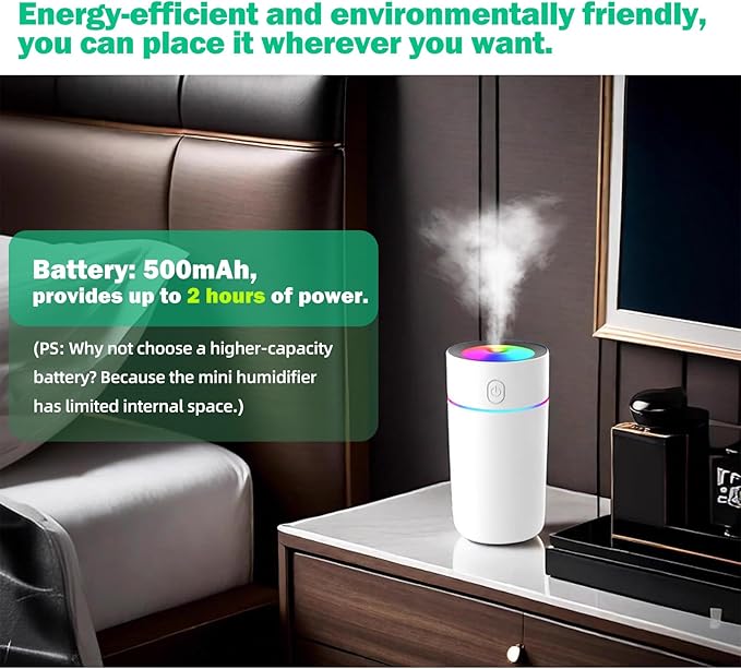 Portable Mini Humidifier with 7-color Lights, Cool Mist Small Desk Humidifiers Car Humidifier [2 Mist Modes] USB Personal Desktop Humidifiers for Bedroom, Office, Travel, Car, Plants, Super Quiet
