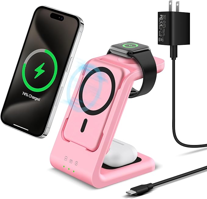 3 in 1 Wireless Charging Station: 5000mAh Removable Power Bank Charger Stand for iPhone/Apple Watch/Airpods - Portable Magnetic Battery Pack for Air 17 16 15 14 13 12 Series Pink