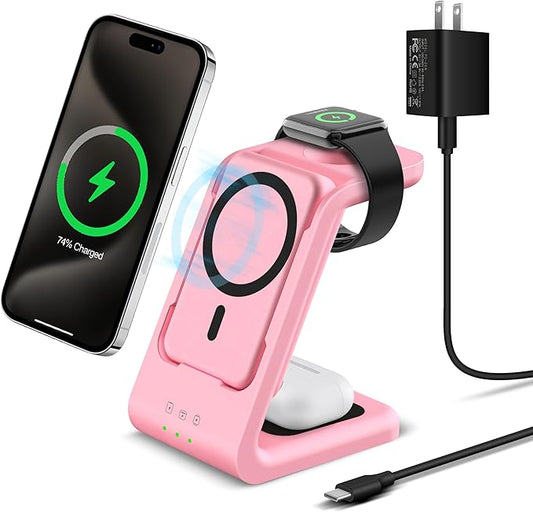 3 in 1 Wireless Charging Station: 5000mAh Removable Power Bank Charger Stand for iPhone/Apple Watch/Airpods - Portable Magnetic Battery Pack for Air 17 16 15 14 13 12 Series Pink