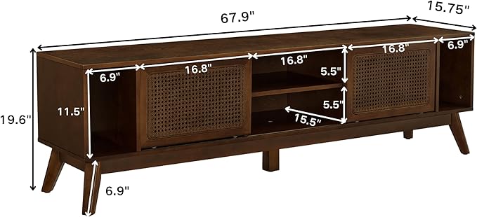 LKTART 68 Inch Mid Century Modern TV Stands with Rattan Doors, MCM Entertainment Center Media Console for 60/65/70/75 inch TVS, Long Boho Television Stand for Living Room, Dark Walnut