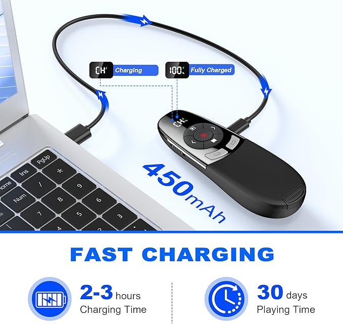 Wireless Presenter with Timer LCD Display Rechargeable Presentation Clicker Remote w Laser Pointer Long Range Power Point Clicker Slide Clicker for Office Classroom Teacher