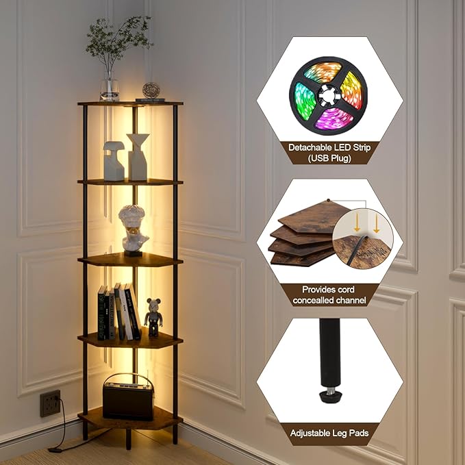 5 Tier Corner Shelf with LED Light,Tall Standing Shelf Organizer,Narrow Bookshelf,The Classic Combination of Rustic Brown and Black Standing Bookcase,Suitable for Bedroom,Living Room,Kitchen
