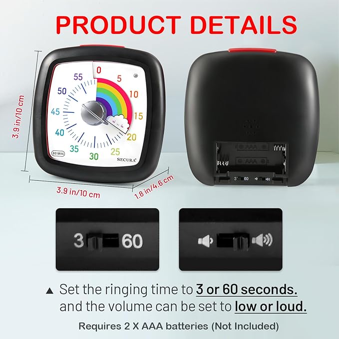 Secura 60-Minute Visual Timer, Silent Study Timer for Kids and Adults, Time Clocks, Time Management Countdown Timer for Teaching (Black & Cloud)