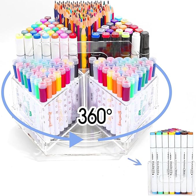 Large Capacity 360° Rotating Marker Organizer with 6 Compartments Acrylic Pen Holders Office Storage Supplies Holds over 600+ Pencils