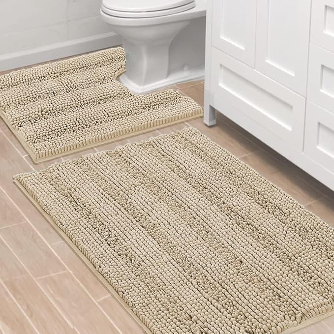H.VERSAILTEX Bathroom Rug Sets 2 Piece Bath Mats Non Slip Thick Soft Chenille Striped Bath Rug achine Washable Shower Floor Rugs for Tub, Shower and Floor (Fog, 36"x24" Plus 20"x24" U)