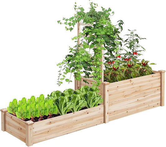 S AFSTAR Raised Garden Bed with Trellis & 2 Planter Boxes, 88" x 25" x 53" Outdoor Wooden Planter Box Kit for Flower Herb Veggies Fruit Climbing Vines, Elevated Gardening Planter for Garden Patio