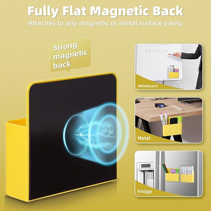 Mabrasse 2p Magnetic Dry Erase Marker Holder,Pen and Eraser Holder for Whiteboard, Magnet Pencil Cup Utility Storage Organizer for Office, Refrigerator, Locker and Metal Cabinets (Yellow)
