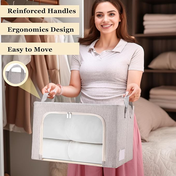 combocube 3-Side Zippered Openings Clothes Storage Bins with Thick Metal Frame, Stackable & Foldable Clothing Storage Bins with Lid, Linen Fabric Closet Storage Box with Large Clear Window, 3 Pack