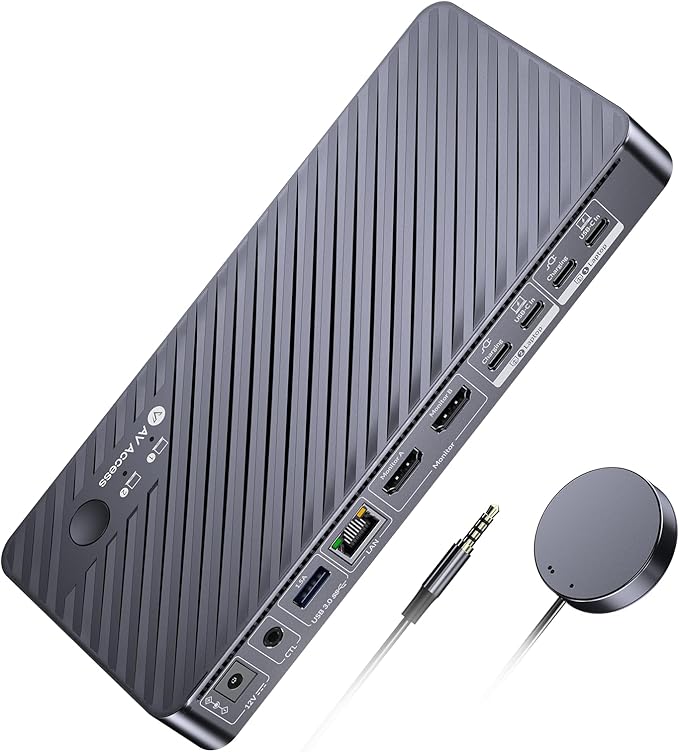 AV Access Docking Station KVM Switch 2 Monitors 2 Laptops, 4K KVM Switch Dual HDMI Monitor, 100W PD for Each PC, 1G Ethernet, EDID Emulation, Ideal for Home Office & Gaming