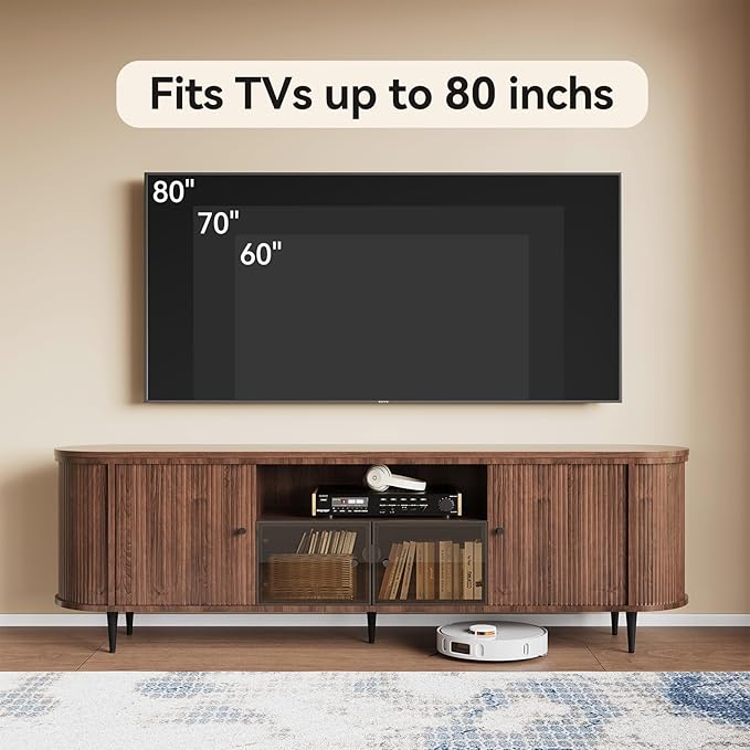 Luxury 70" Fluted TV Stand, Modern Entertainment Center for TVs Up to 80”, TV Console with Faux Marble Tabletop, Curved Profile Design, Media Console for Living Room, Brown